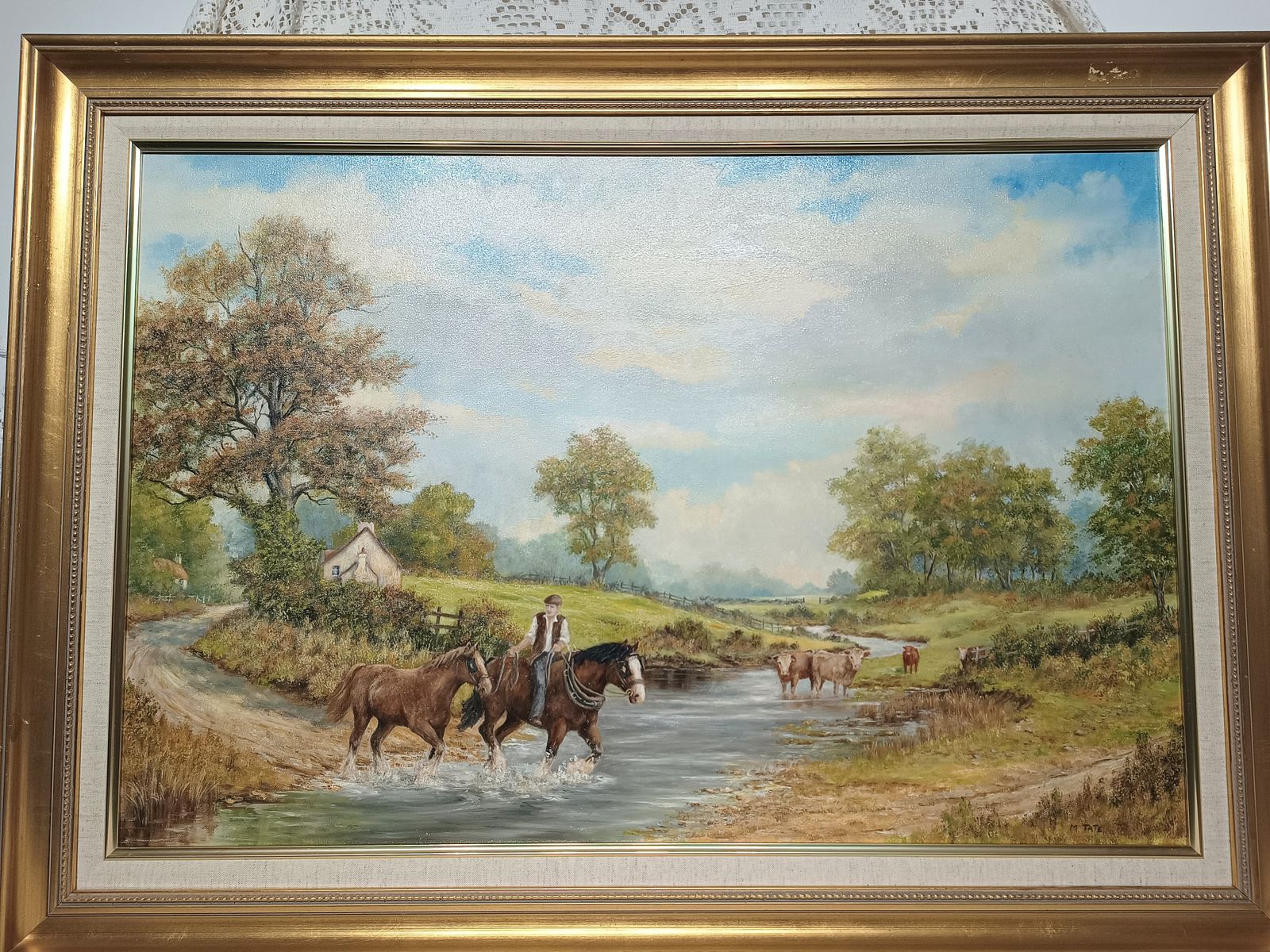 Large Impressive Oil Painting On Canvas,Working Horses Coming Home Artist Signed. photo for sale