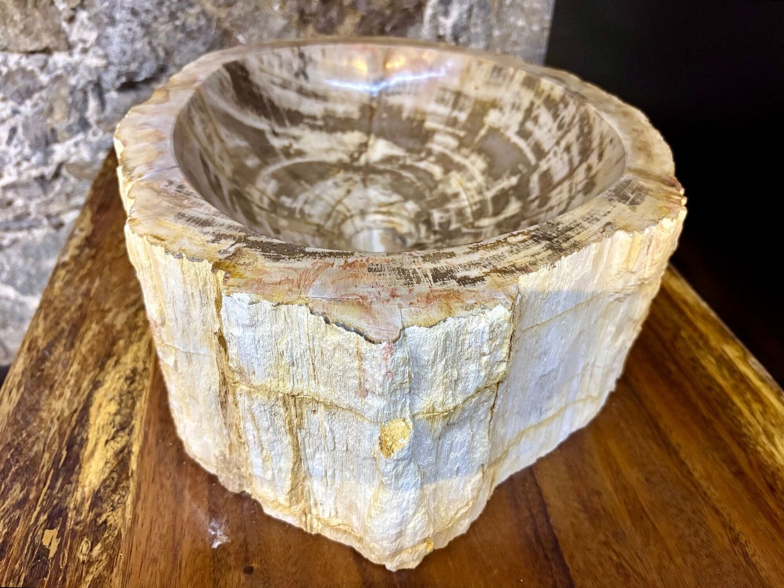Modern Organic Petrified Wood Sink, Grey/ Brown/ Beige   Polished, Idn 2025 photo vinterior