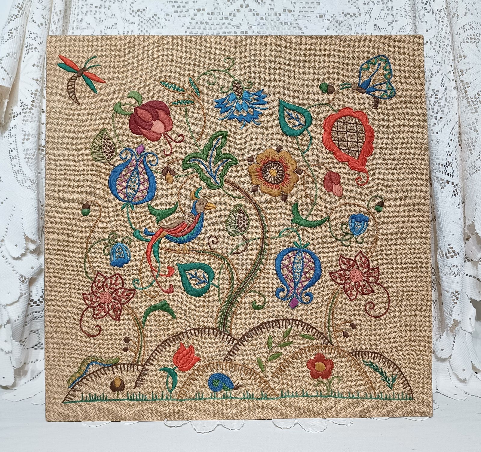 Arts And Crafts Crewel Embroidery Panel ,Tree Of Life Bird Of Paradise,Floral Motifs. photo Art