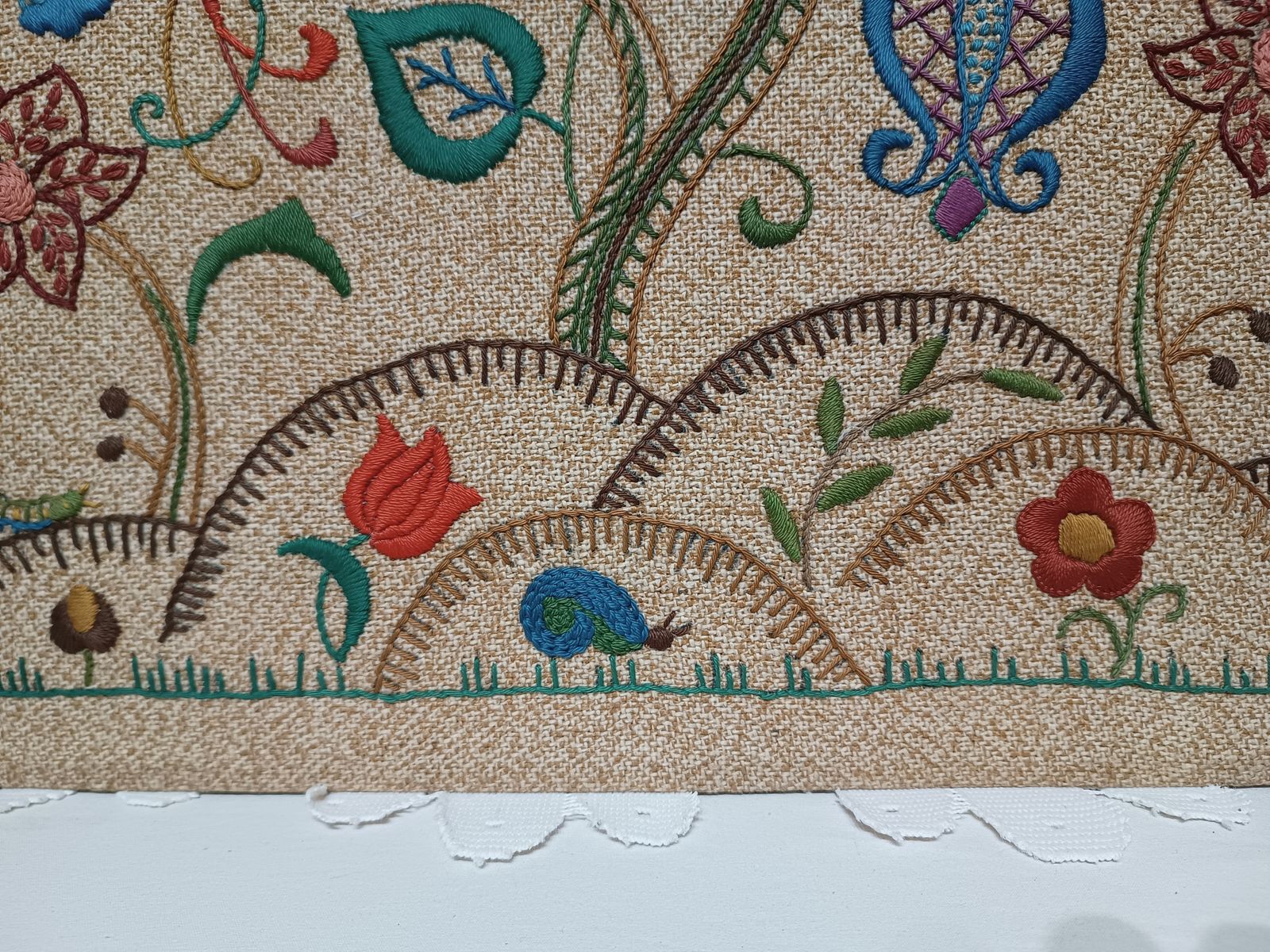 Arts And Crafts Crewel Embroidery Panel ,Tree Of Life Bird Of Paradise,Floral Motifs. photo 95.0