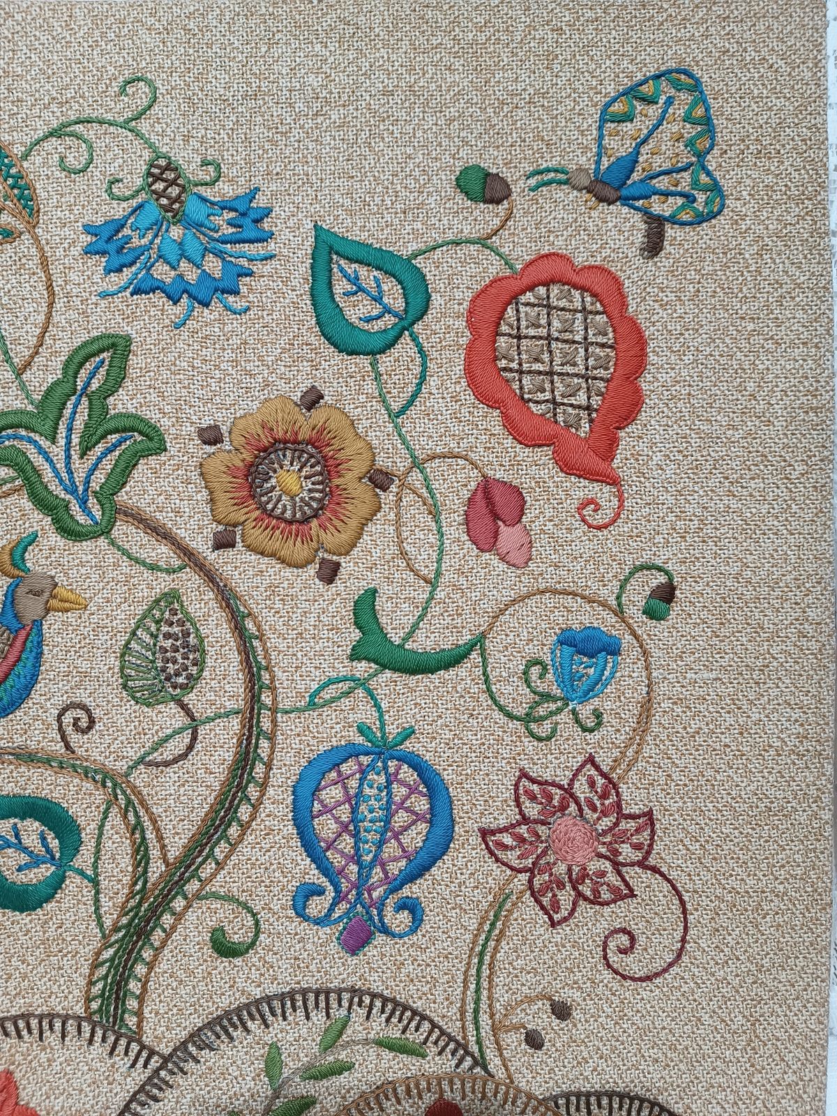 Arts And Crafts Crewel Embroidery Panel ,Tree Of Life Bird Of Paradise,Floral Motifs. photo vintage