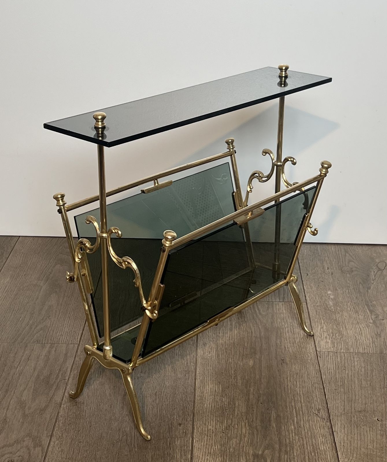 Brass And Blue Glass Magazine Rack photo for sale