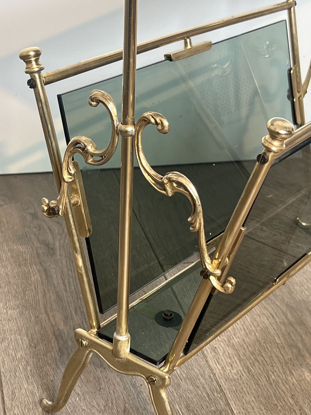 photo for sale Brass And Blue Glass Magazine Rack