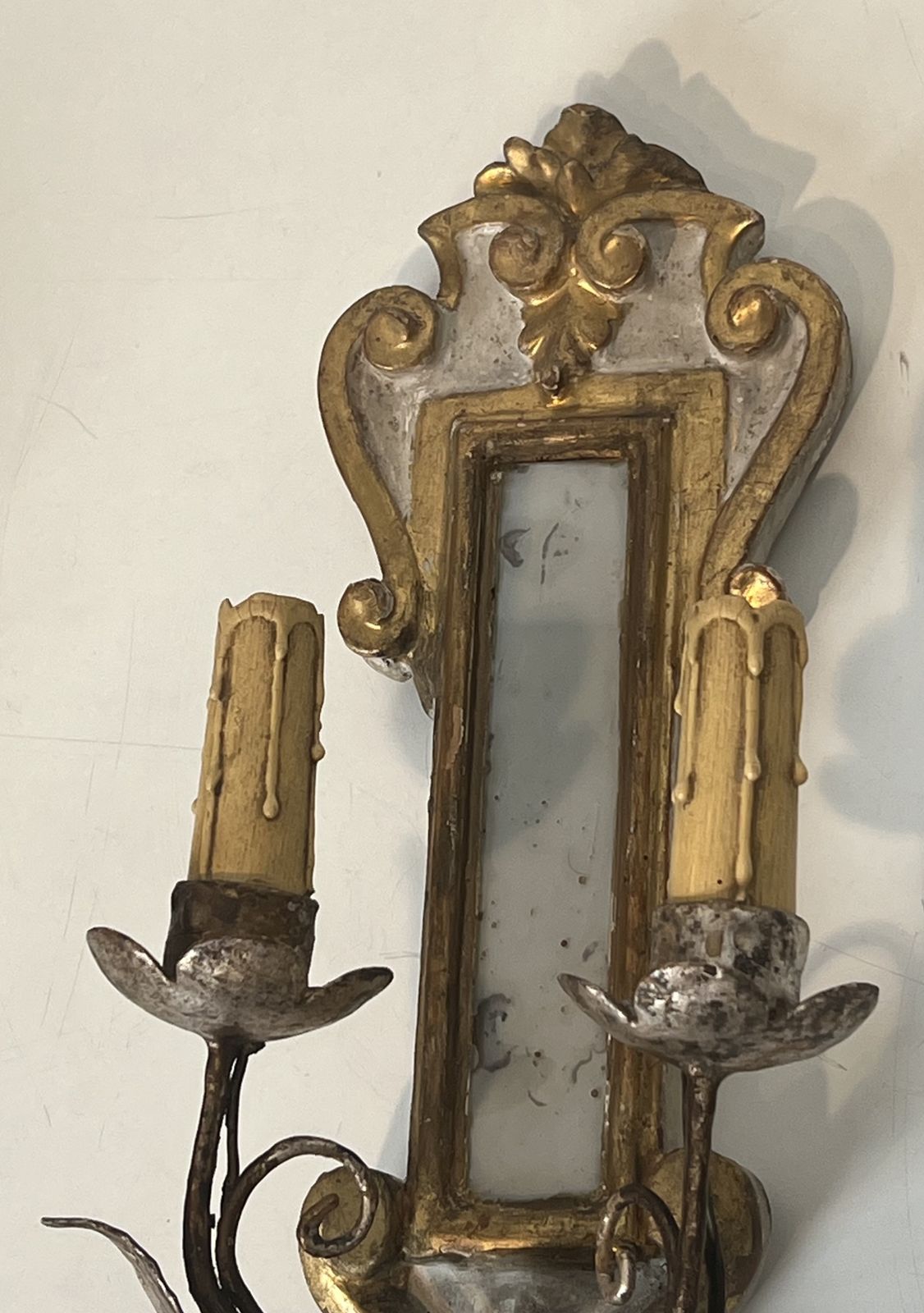 Pair Of Wall Lights In Carved Wood And Silver And Gold Patinated Metal With A Mirror In The Center photo buy