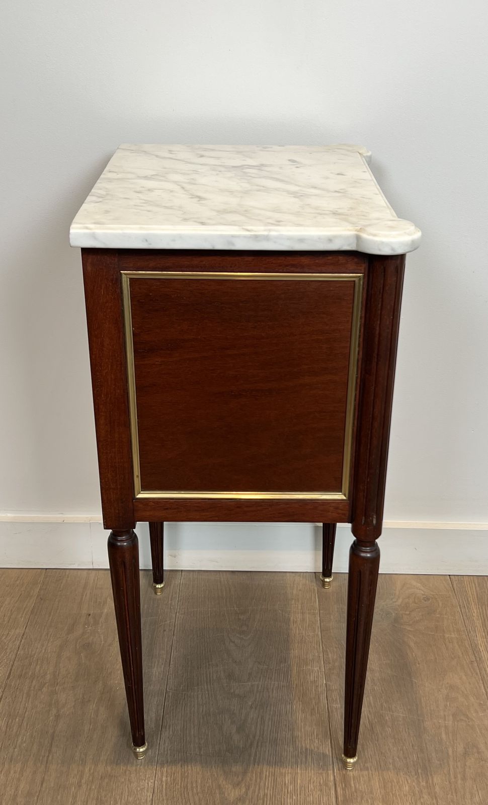 Pair Of Mahogany And Brass End Tables Or Bedside Tables With Carrara Marble Tops In The Style Of Maison Jansen. Circa 1940 photo buy