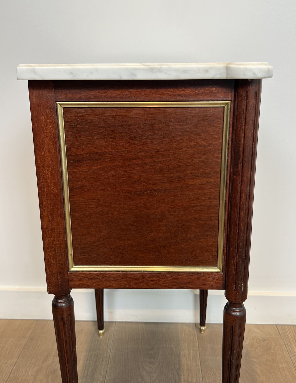 photo buy Pair Of Mahogany And Brass End Tables Or Bedside Tables With Carrara Marble Tops In The Style Of Maison Jansen. Circa 1940