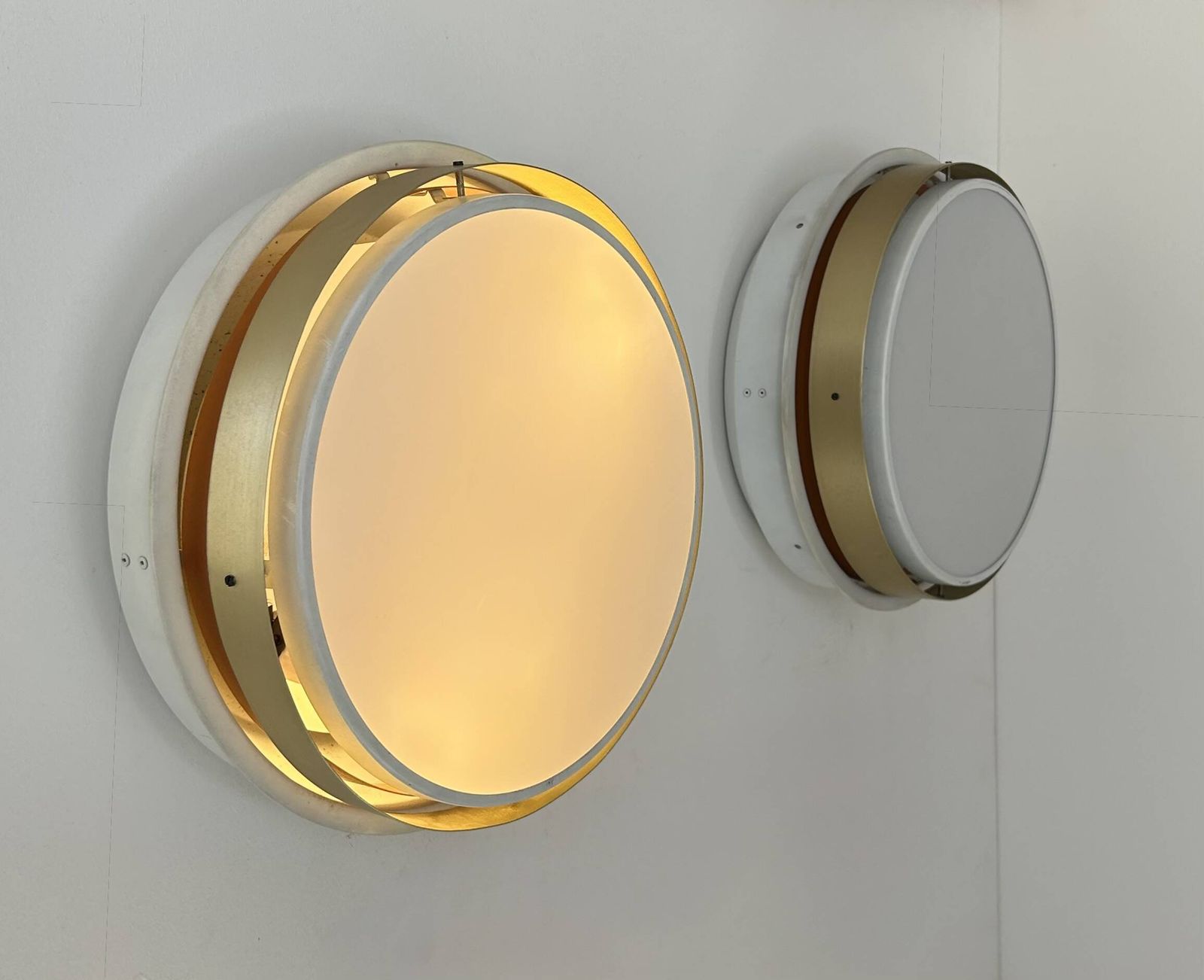Pair Of Vintage Xl Wall Lights, Brass And Opaline, Denmark 1970 photo 691.0