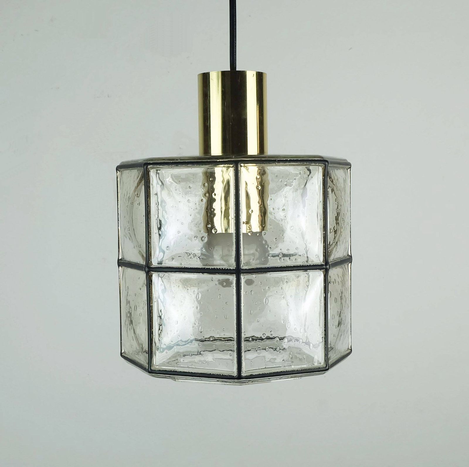 1960s 70s Glashuette Limburg Pendant Lamp Clear Glass Shade And Brass photo furniture