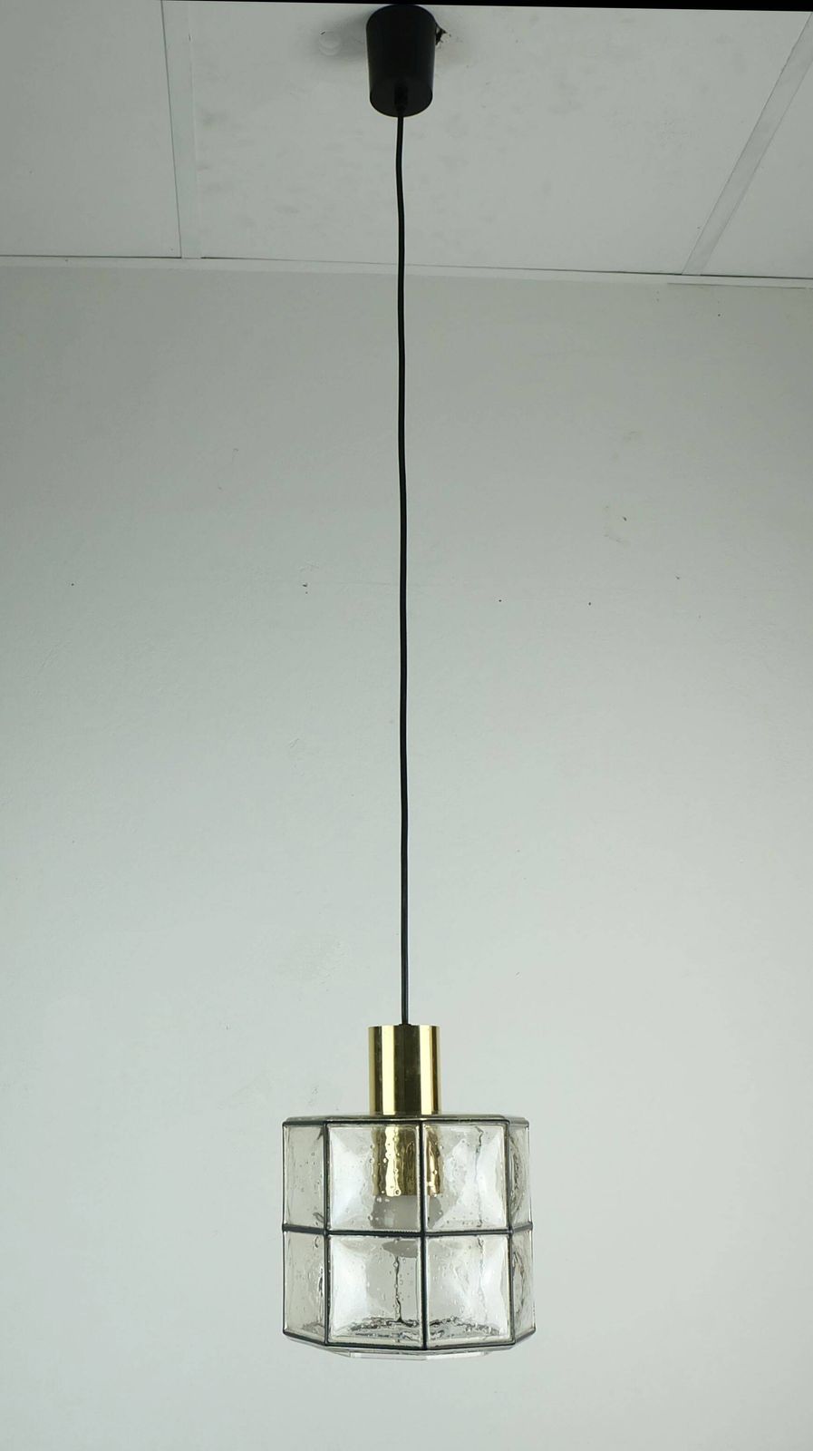 1960s 70s Glashuette Limburg Pendant Lamp Clear Glass Shade And Brass photo for sale