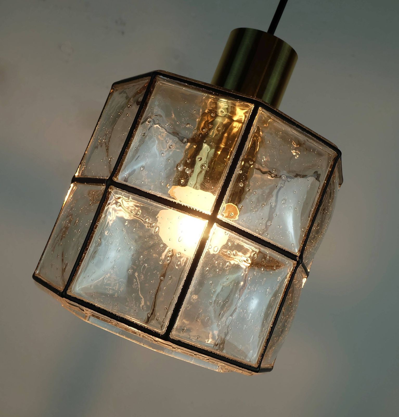 photo for sale 1960s 70s Glashuette Limburg Pendant Lamp Clear Glass Shade And Brass