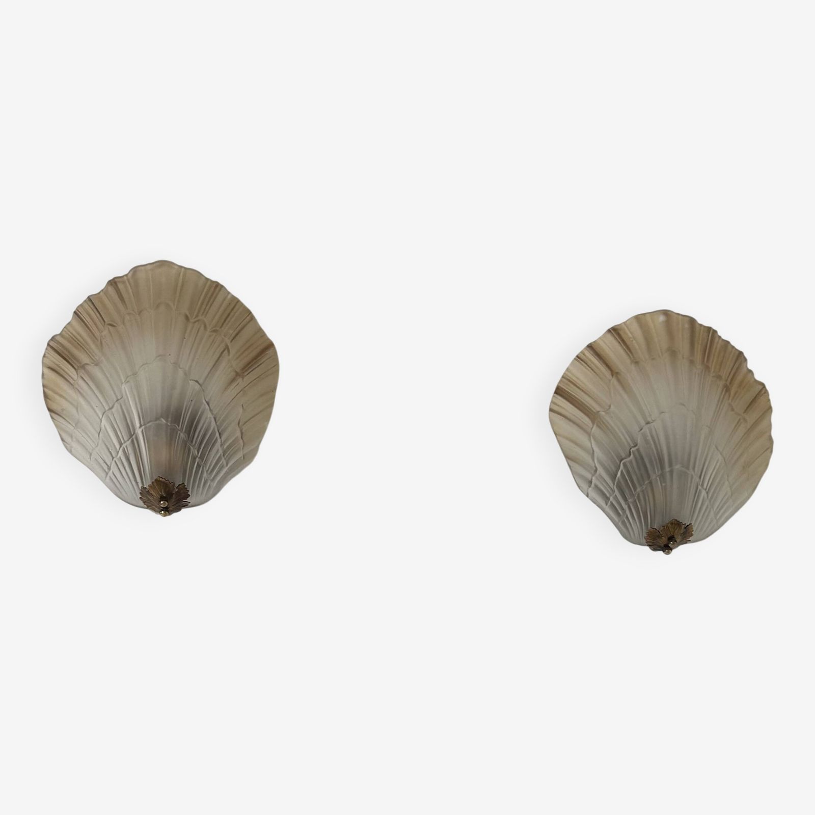 Pair Of Shell Wall Lights, Glass And Brass, France 1960