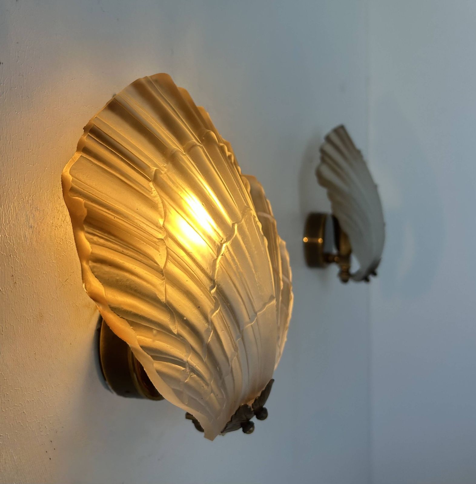 Pair Of Shell Wall Lights, Glass And Brass, France 1960 photo buy
