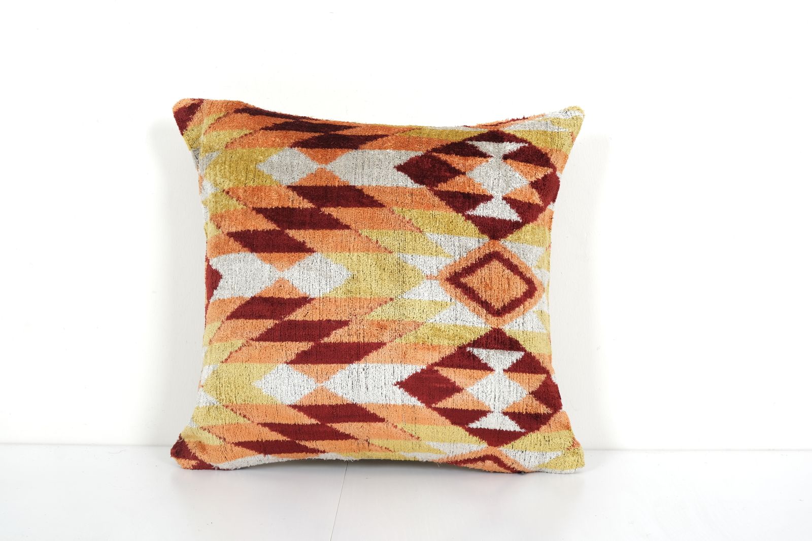 Silk Ikat Velvet Pillow   Silk Ethnic Velvet Kilim Pillow Design Cover   Orange Ethnic Decorative Pillow   Velvet Ikat Pillow 16" X 16"