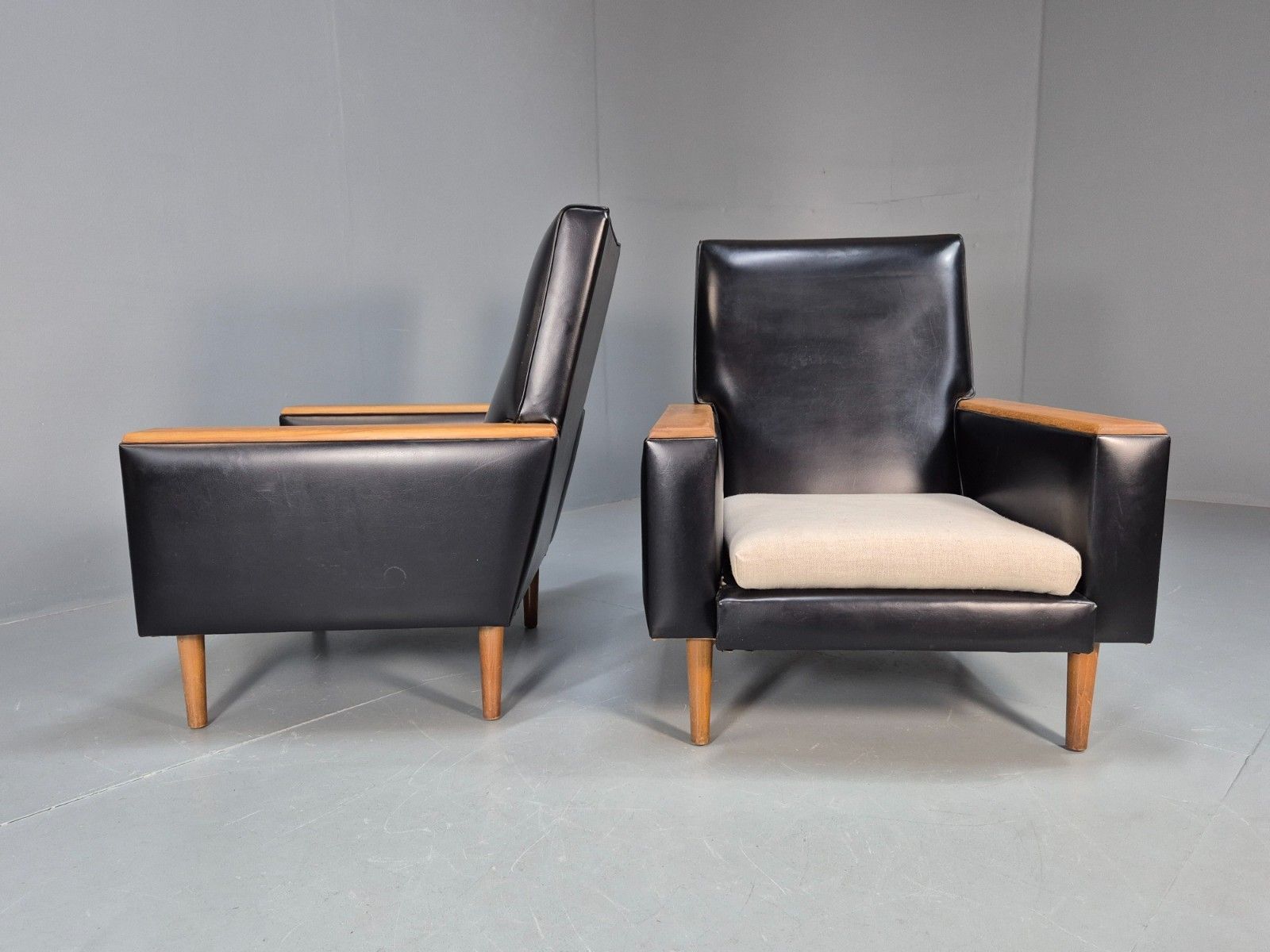 Furniture 2 Vintage Danish Lounge Chairs Cream Black Vinyl And Teak 1960s Mcm Eb10228 Mnor photo