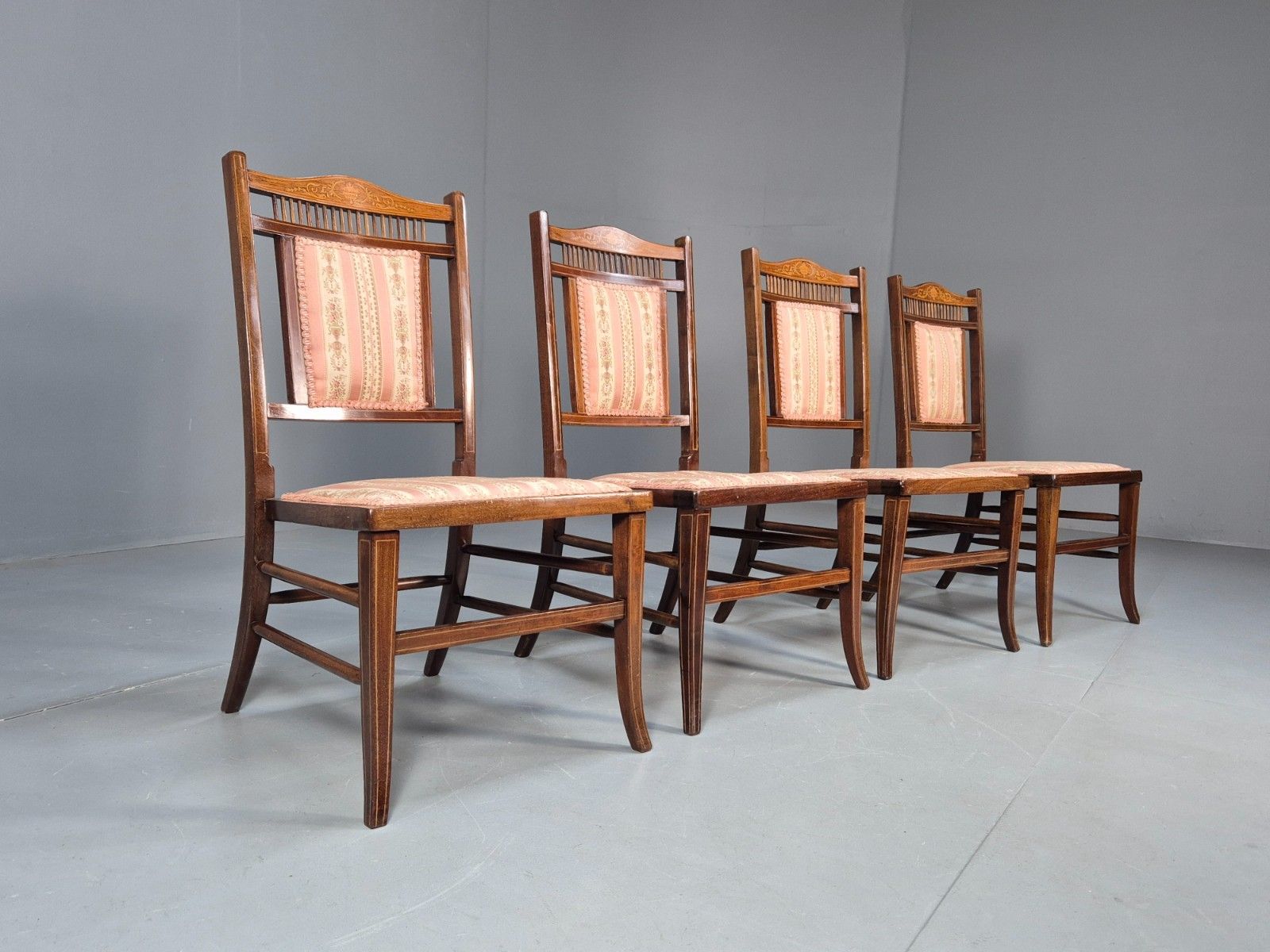 4 Regency Revival Dining Chairs Mahogany Inlay Decoration 20th Cent Eb10224 Vdin photo furniture