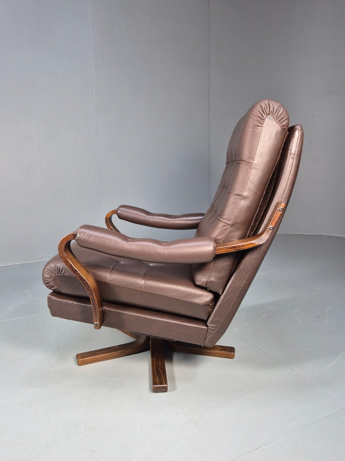 Furniture Vintage 1970s Danish Brown Leather And Vinyl Swivel Chair Retro Mcm Eb9865 Mswi photo