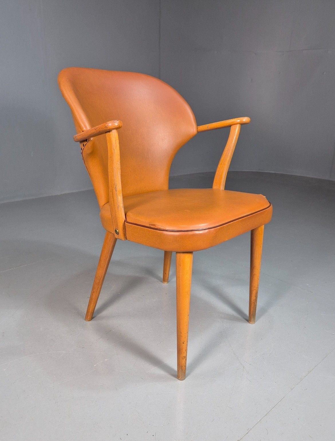 Vintage Swedish 1950s Elbow Chair Beech Frame With Tan Vinyl Cover Eb7725 Mnor photo for sale