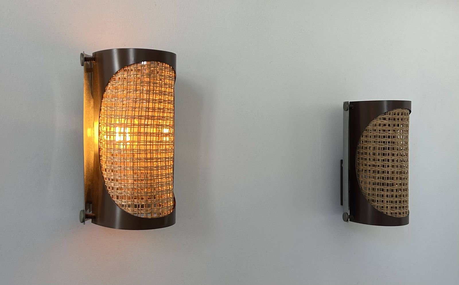 photo for sale Pair Of Vintage Sconces, Cane And Chrome, France 1970
