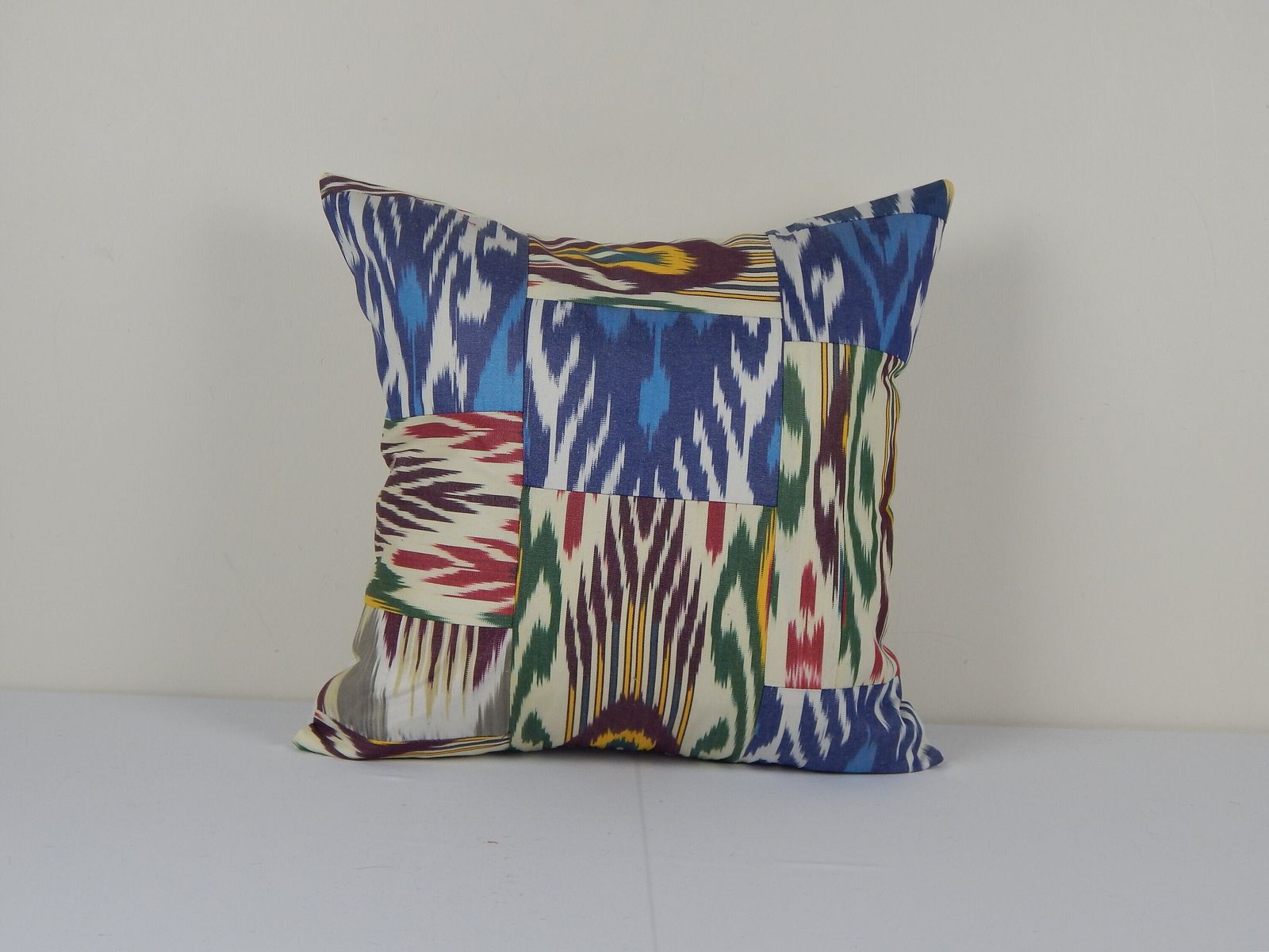 Uzbek Ikat Fabric Designer Ikat Pillow Ikats Living Room Pillow Decorative, Square Ikat Patchwork Cushion Cover