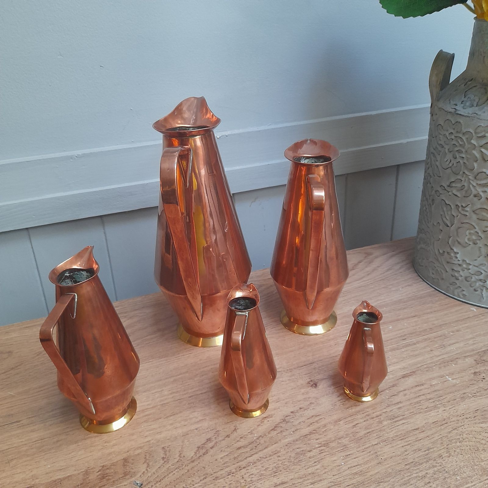 Great Set Of 5 Brass And Copper Pitchers/Jugs photo furniture