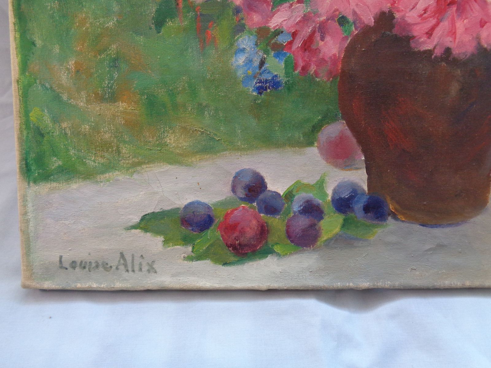 Louise Alix Still Life Flowers & Fruit French Oil On Canvas Unframed photo buy