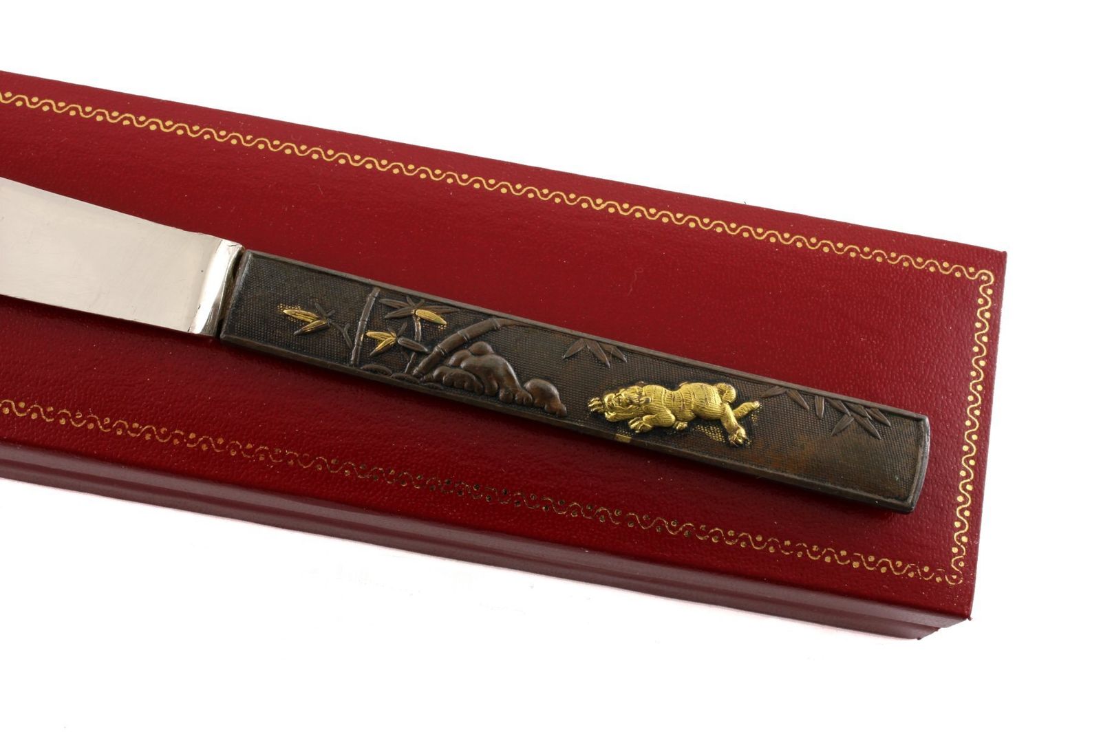 Japanese Bronze Kozuka Tiger Silver Letter Opener. Antique Meiji C1880. photo Home Decor