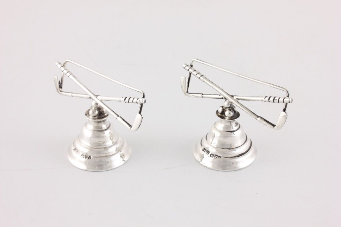 photo for sale Two Silver Golf Menu Card Holders. Golf Club & Balls Photo Clips. 1903.
