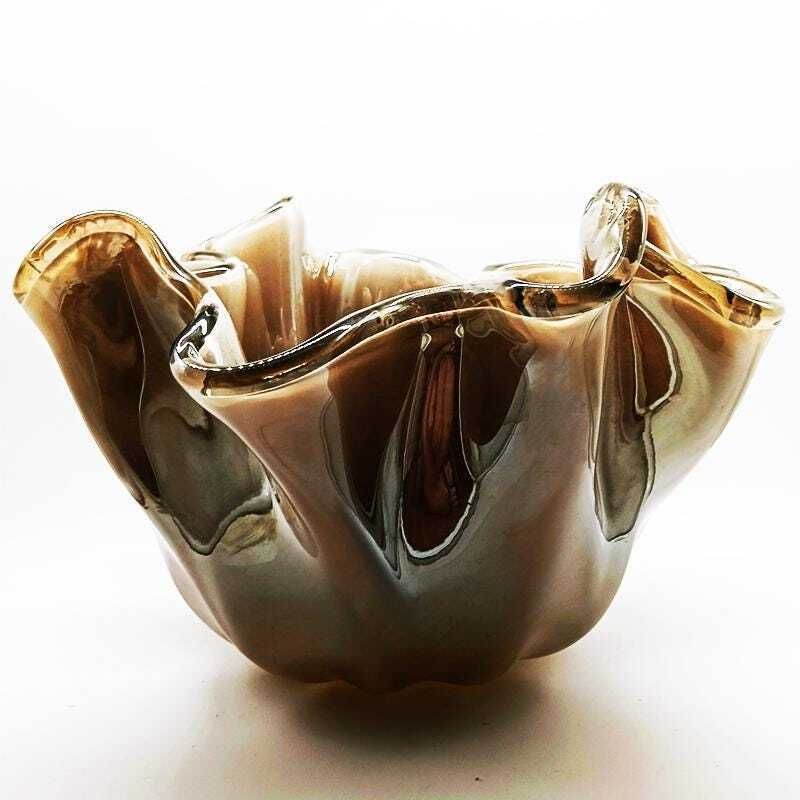 Big Glossy Light Bronze Jacketed Handkerchief Vase In Hand Worked Murano Glass. Made In Italy. photo Home Decor