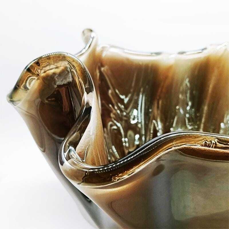 Big Glossy Light Bronze Jacketed Handkerchief Vase In Hand Worked Murano Glass. Made In Italy. photo 299.0