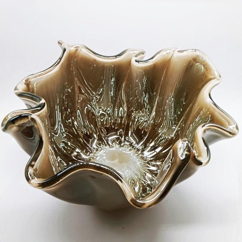 Big Glossy Light Bronze Jacketed Handkerchief Vase In Hand Worked Murano Glass. Made In Italy. photo vinterior