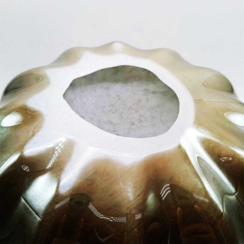 Big Glossy Light Bronze Jacketed Handkerchief Vase In Hand Worked Murano Glass. Made In Italy. photo vintage
