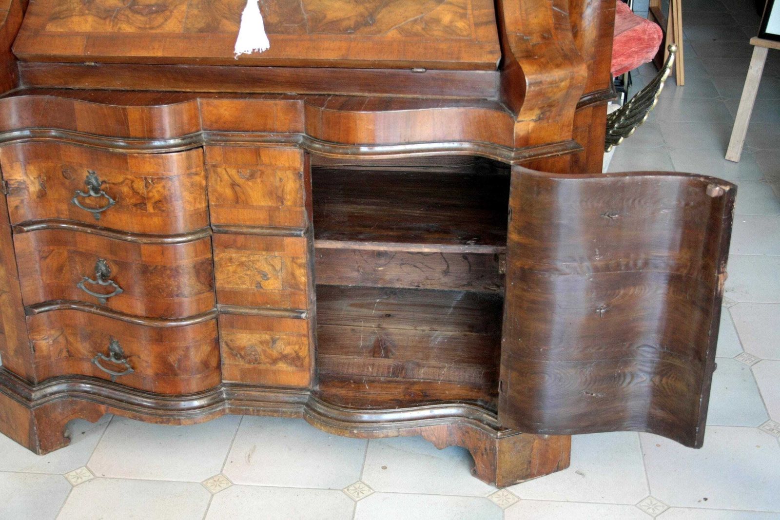 Furniture Antique Wall Unit Italian Walnut Burl, 19th Century Lombard Trumeau, Vintage Northern Italy Furniture, Cabinet With Drawers And Shelves photo