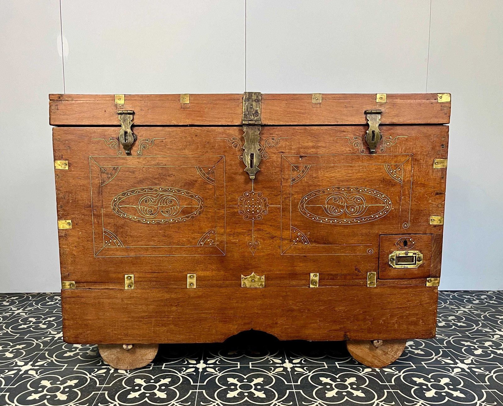 Antique Circa 1900 Anglo   Indian Marriage Dowry Campaign Chest On Wheels