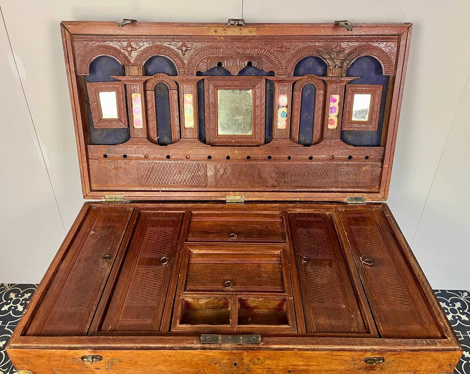 Antique Circa 1900 Anglo   Indian Marriage Dowry Campaign Chest On Wheels photo for sale