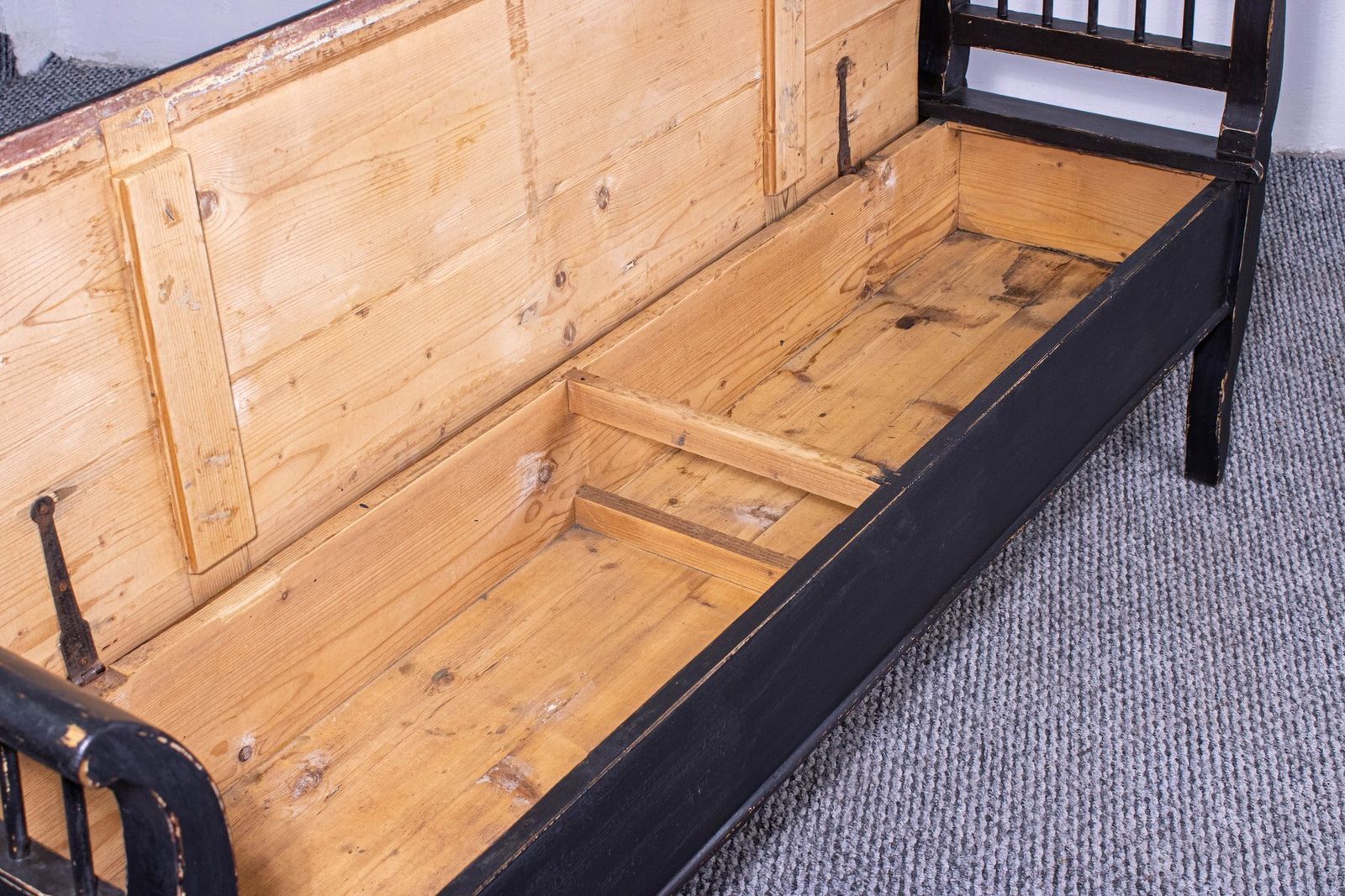 Antique Black Painted Pine Box Bench, Late 19th Century photo vinterior