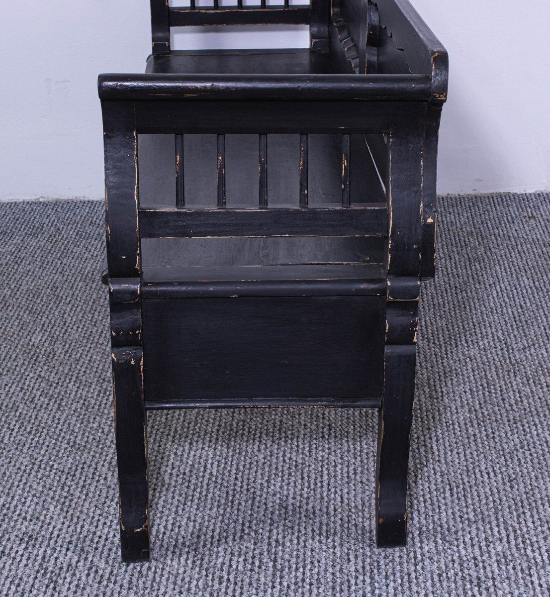 Antique Black Painted Pine Box Bench, Late 19th Century photo buy