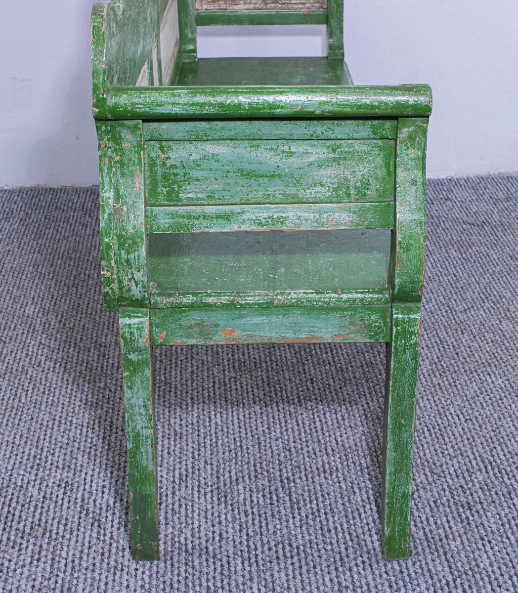 Antique Green And White Painted Pine Bench, Late 19th Century photo vintage