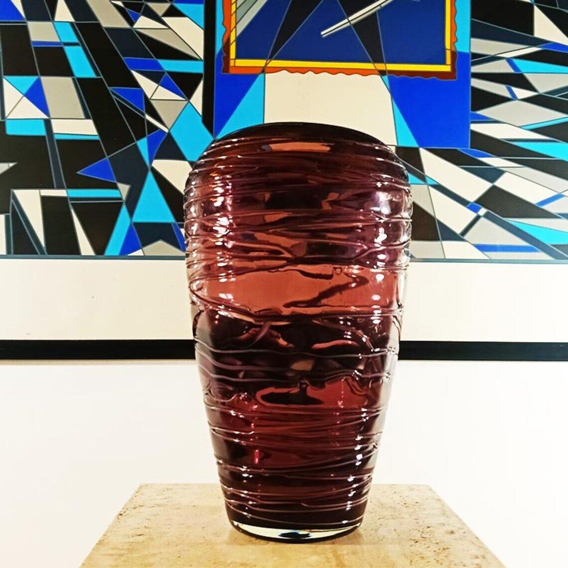 1970s Purple Vase In Hand Worked, Hand Blown Murano Glass   Made In Italy.