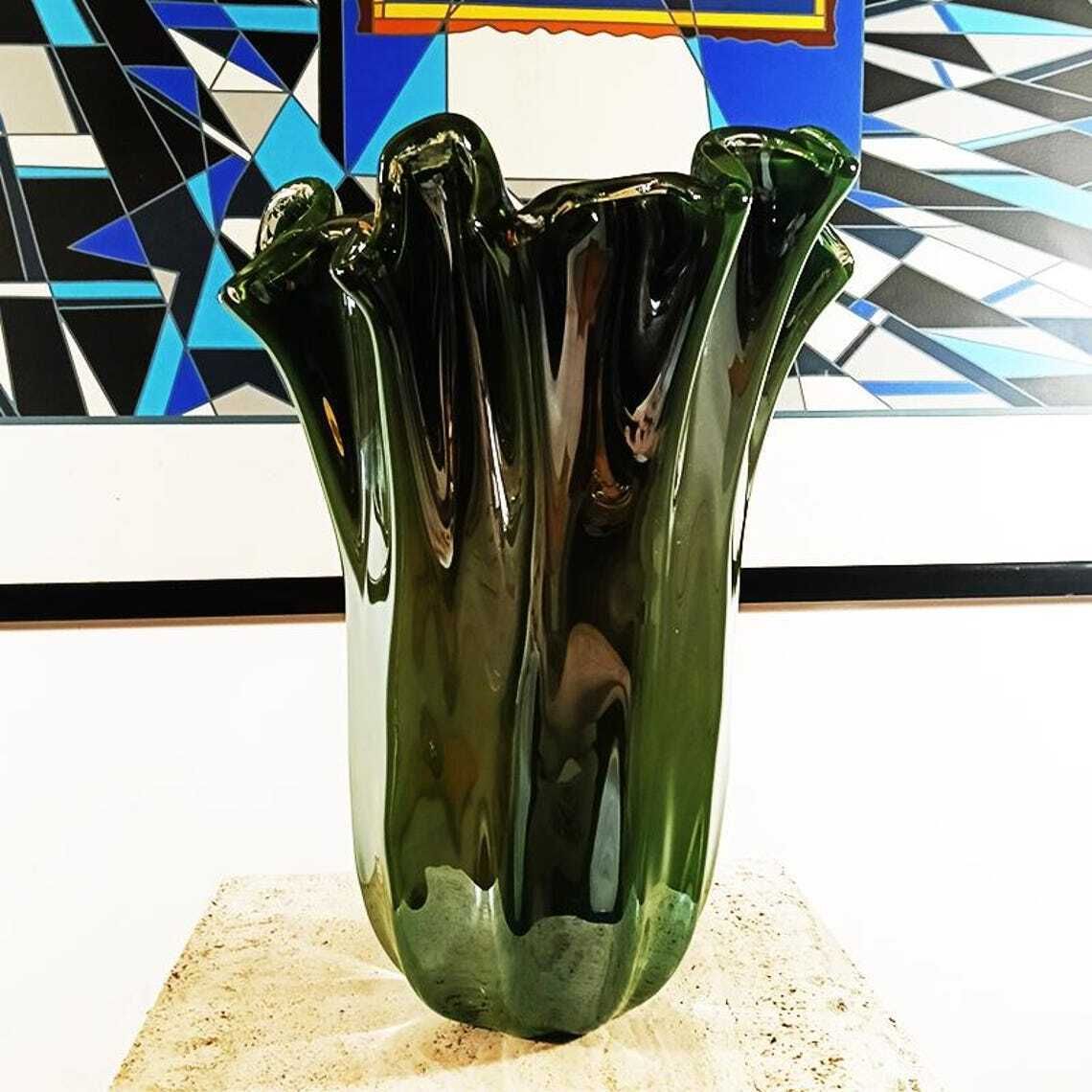 Stunning Glossy Green Jacketed Vase In Hand Worked Murano Glass. Made In Italy. photo furniture