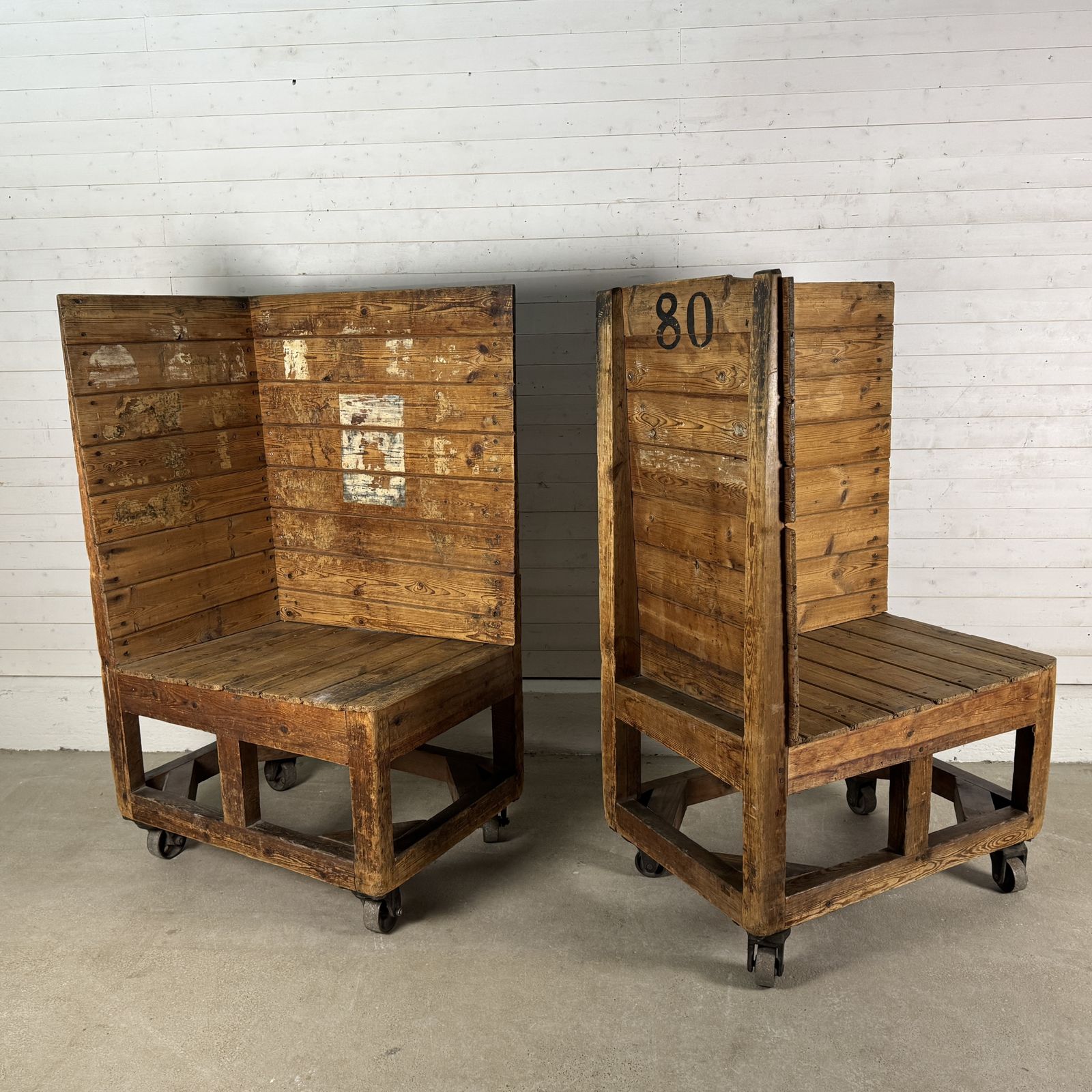 Pair Of Antique Industrial Pine Factory Trolleys