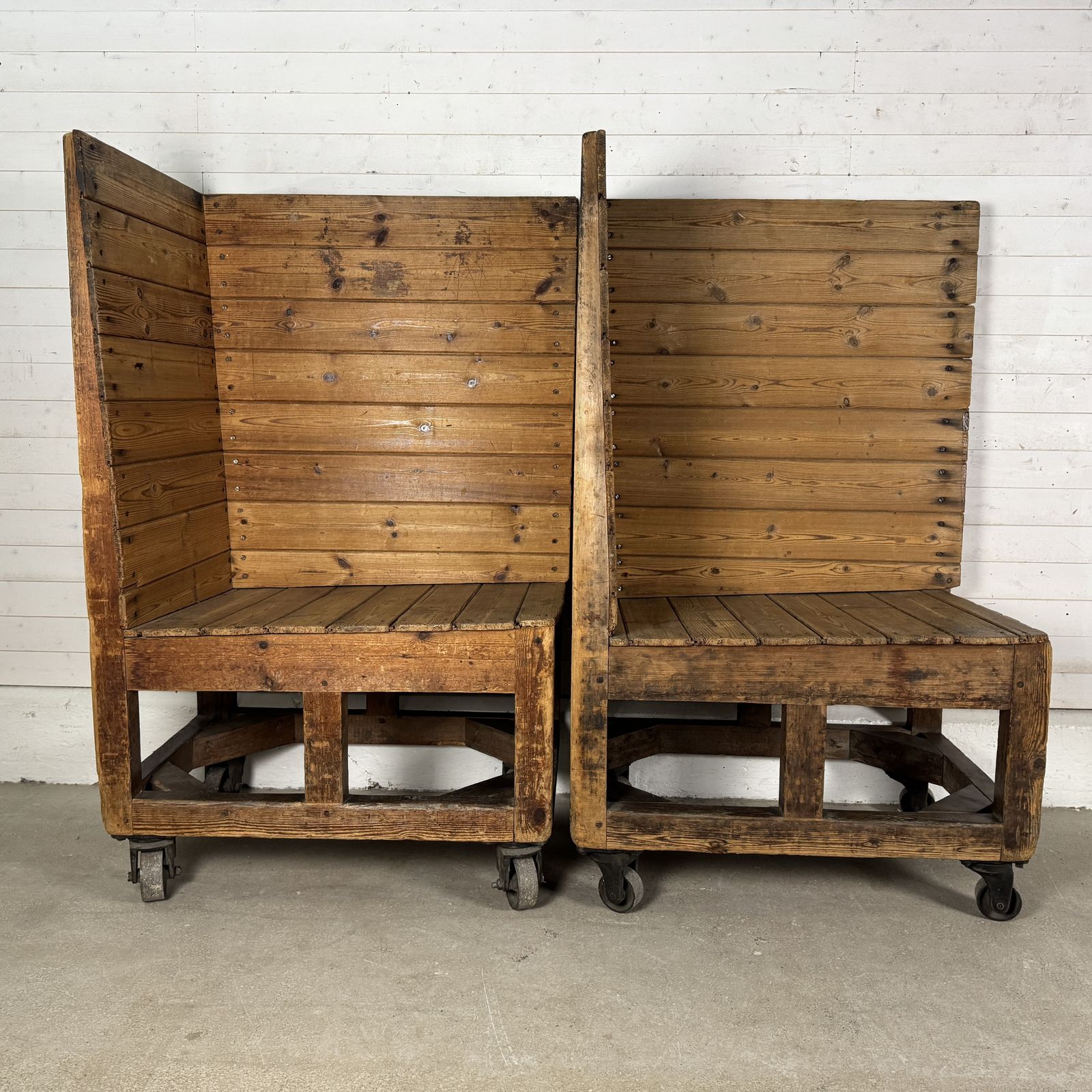 Pair Of Antique Industrial Heavy Duty Pine Factory Trolleys photo furniture
