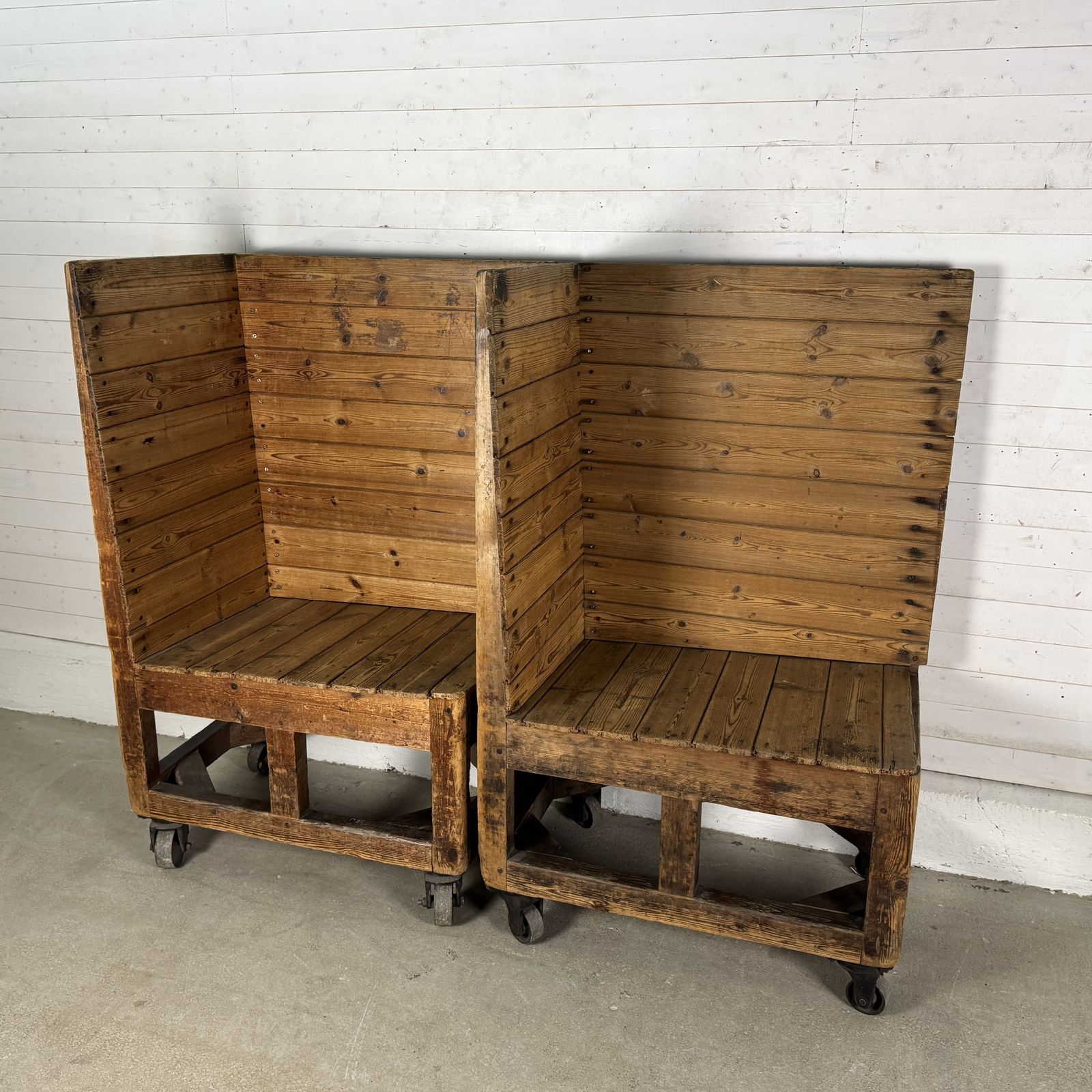 Pair Of Antique Industrial Heavy Duty Pine Factory Trolleys photo for sale