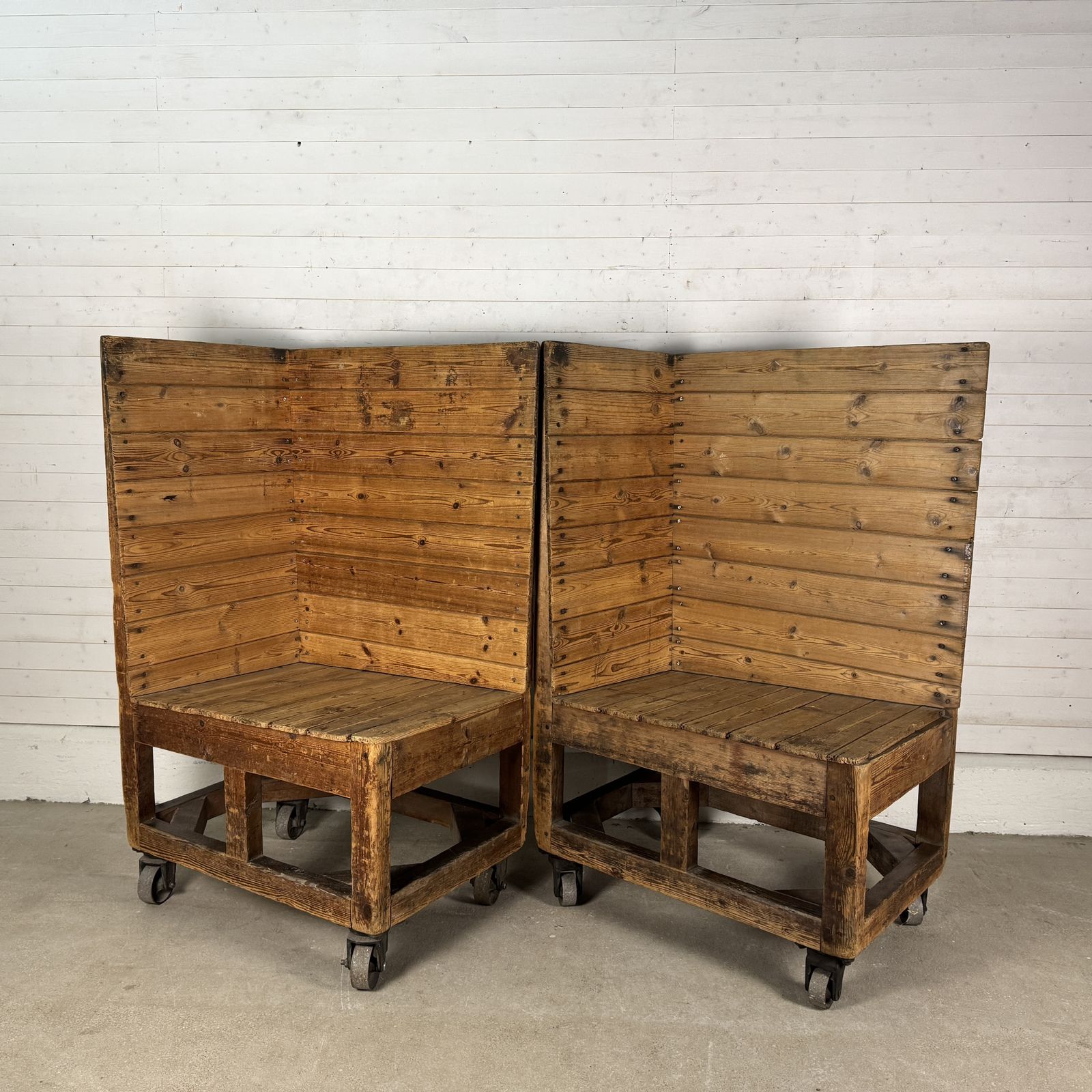 Pair Of Antique Industrial Heavy Duty Pine Factory Trolleys photo Furniture