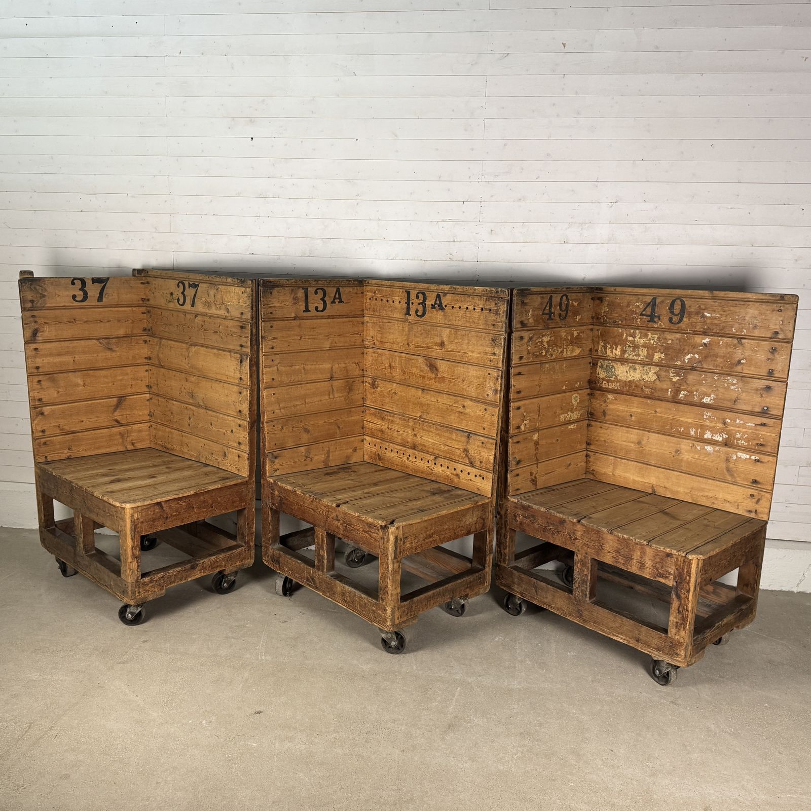 Set Of 3 Heavy Duty Industrial Pine Factory Trolleys photo for sale
