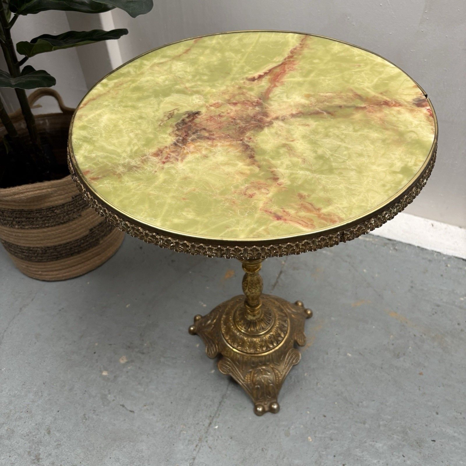 Vintage French Style Green Onyx Circular Top Brass Wine Or Side Table photo buy