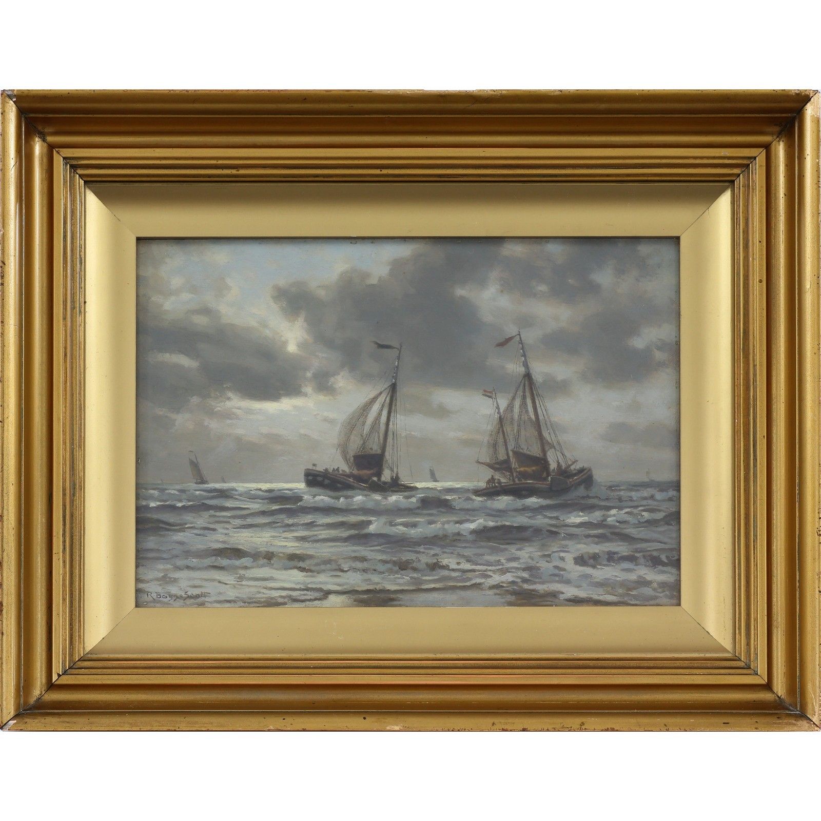 Oil On Board Behind Glass By Robert Bagge Scott. Titled Drying Nets Katwijk