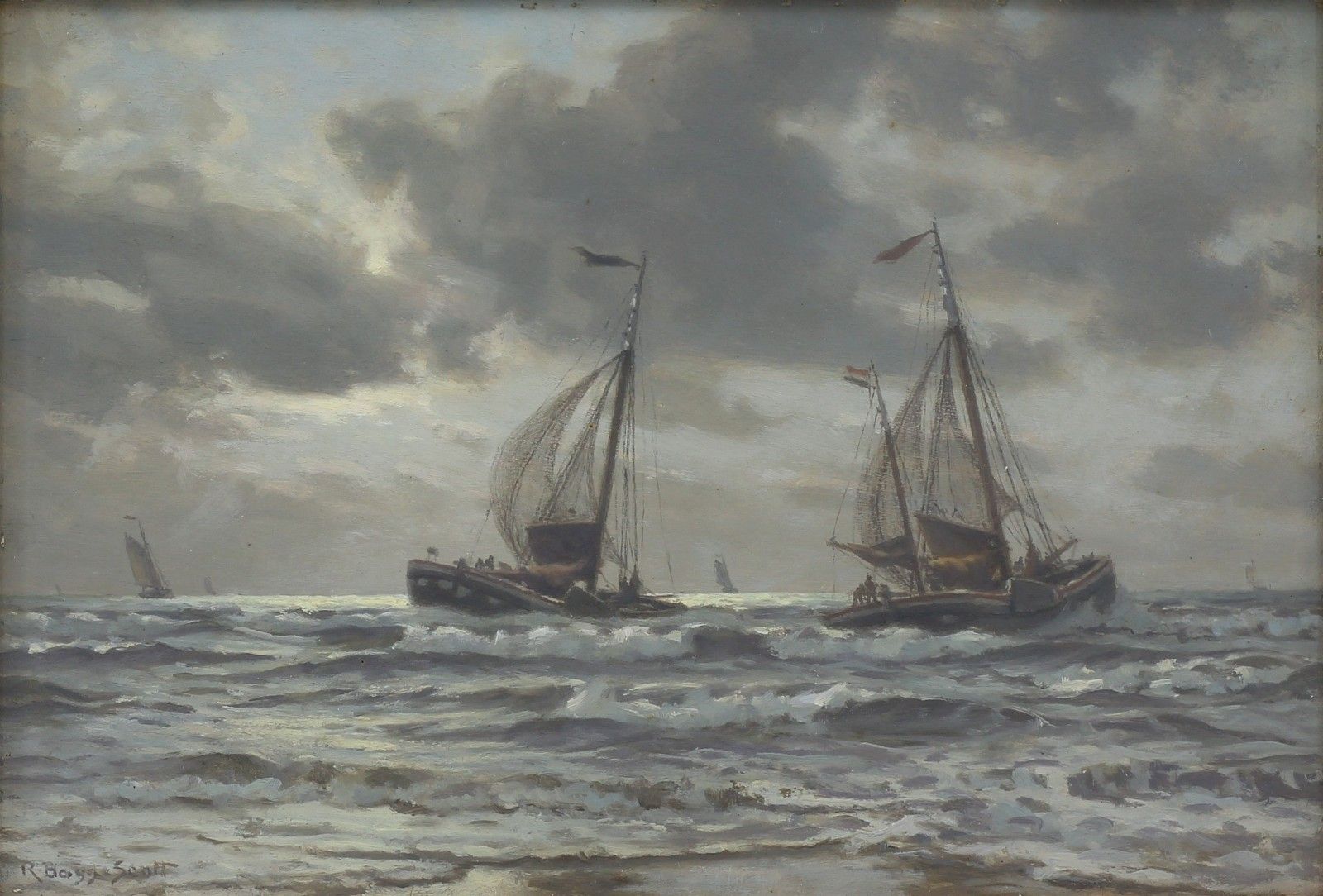 Oil On Board Behind Glass By Robert Bagge Scott. Titled Drying Nets Katwijk photo furniture