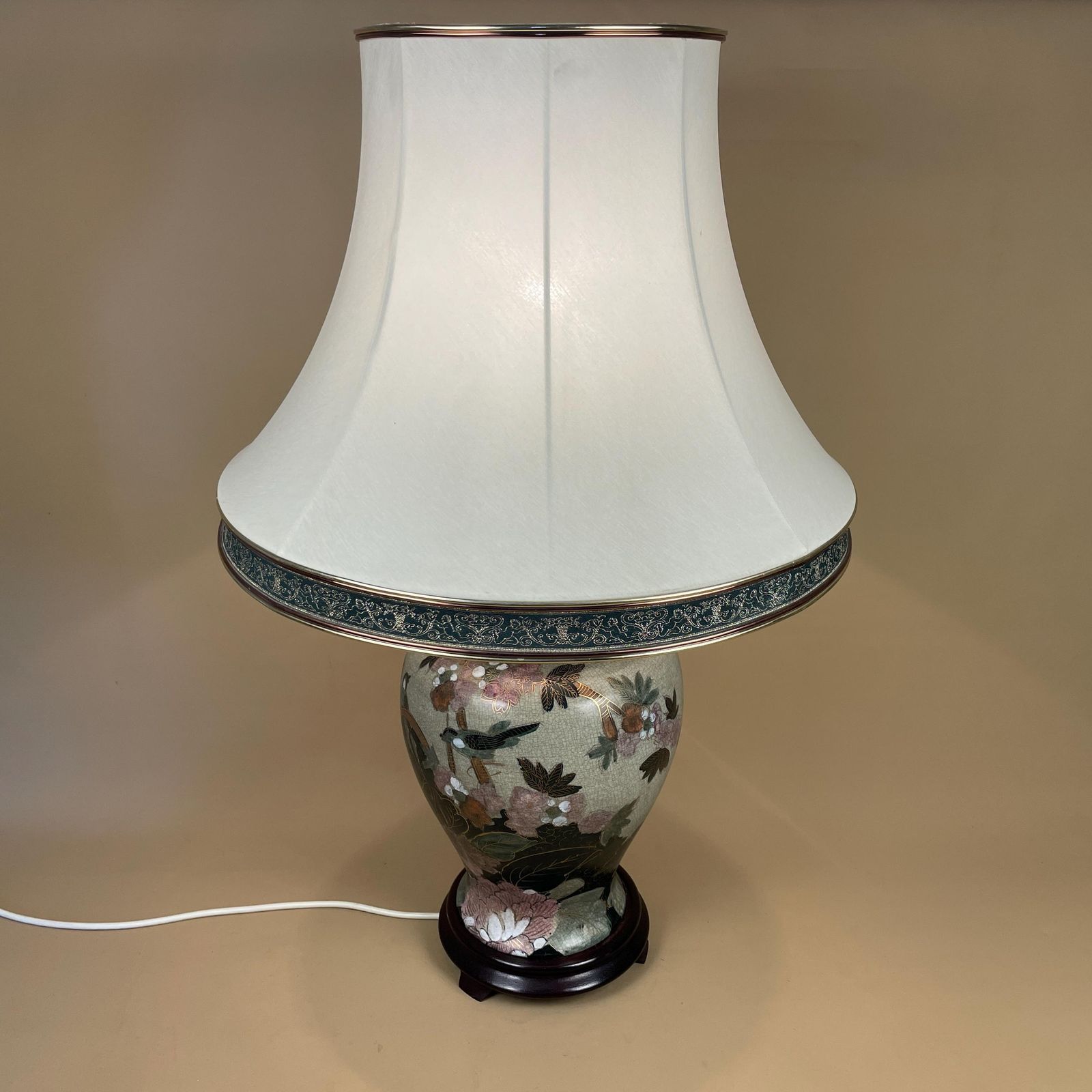 Antique Oriental Ceramic Lamp Light Bedside Table Shade Lampshade Chinese Decor Porcelain Ginger Jar Vase Hand Painted Floral Birds Wood