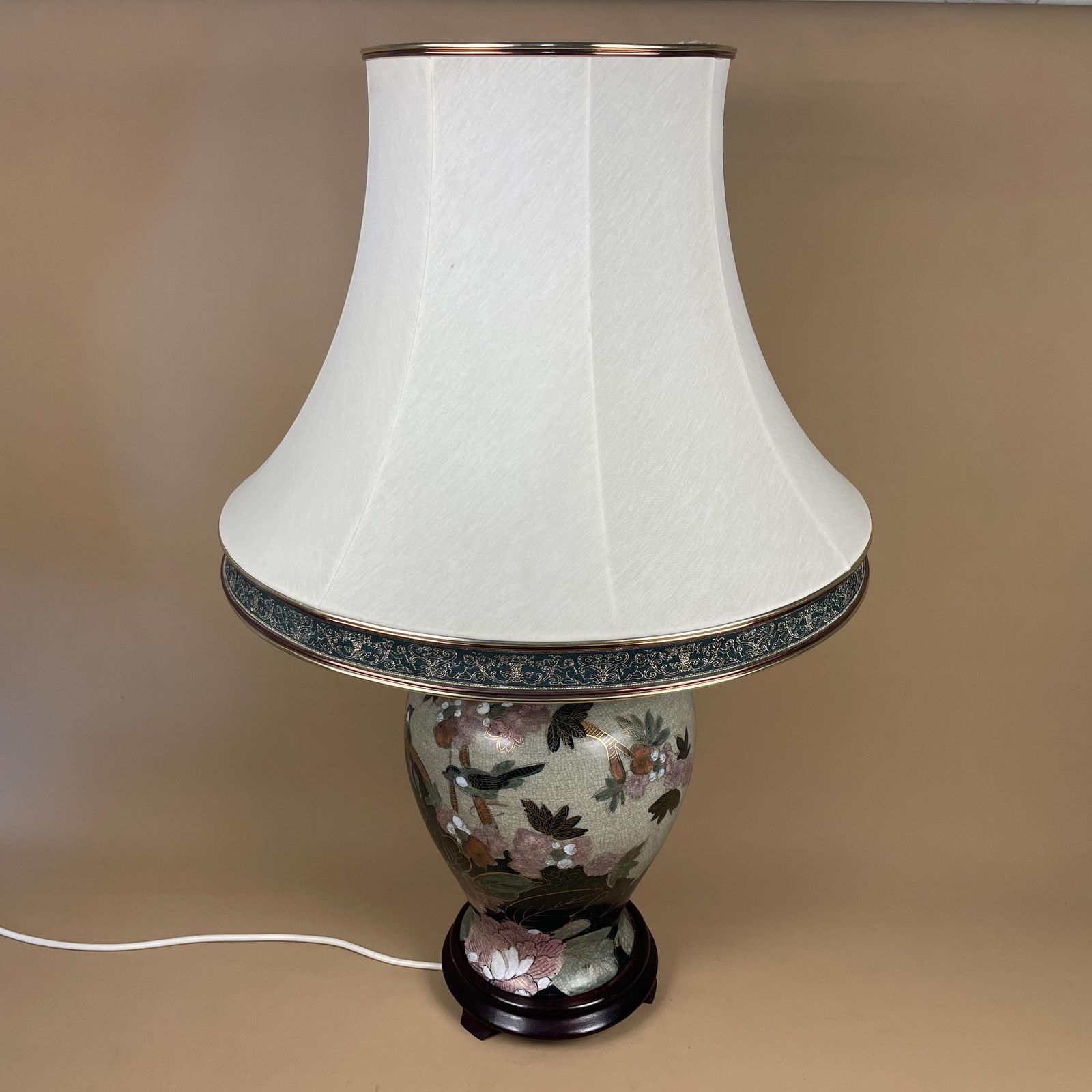Antique Oriental Ceramic Lamp Light Bedside Table Shade Lampshade Chinese Decor Porcelain Ginger Jar Vase Hand Painted Floral Birds Wood photo buy