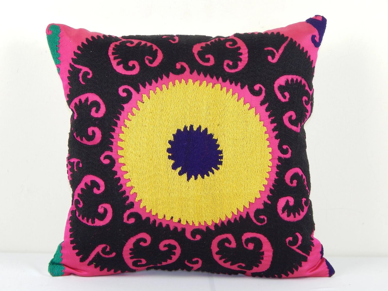 Square Bed Vintage Cotton Suzani Pillow Cover, Exquisite Square Uzbek Yellow Pillow Cover, Designer Cushion